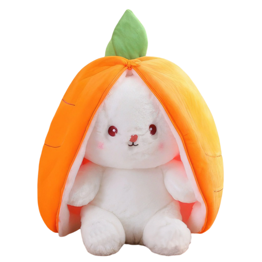 Small Carrot Rabbit plushie. The image displays a small-sized Carrot Rabbit plushie with its unzipped body. Bunny Pal, Carrot Rabbit, Small Size, Plushies, Plush Dolls, Cute Plush, Plush, Soft Dolls, Toy Dolls, Toy, Toys, Squishy, Soft, Stuffed Toys, Premium, Quality, Adorable, Cuddly, Playful, Collectibles, Huggable, Kids Toys, Children's Gifts, Gift Ideas, Teddy Bear.