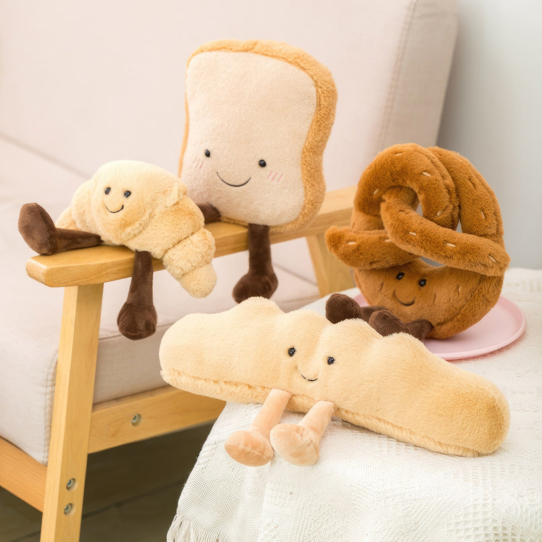 A delightful family of Fluffy Treats plushies featuring a pretzel, baguette, croissant, and french toast. These adorable plushies are soft and designed to look like delicious baked goods. Fluffy Treats, Plushies, Family, Pretzel, Baguette, Croissant, French Toast, Baked Goods, Soft, Cuddly, Toy, Toys, Squishy, Soft Toys, Stuffed Toys, Plush Toy, Plush Toys, Premium, Quality, Adorable, Cuddly, Playful, Collectibles, Huggable, Kids Toys, Children's Gifts, Gift Ideas, Gifts, Teddy Bear