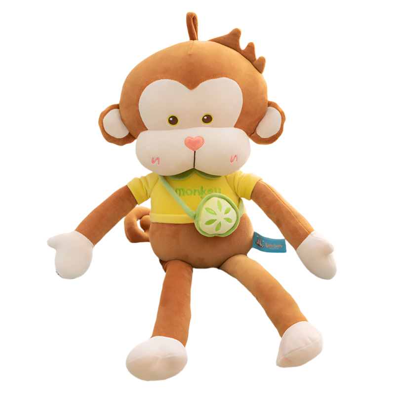 A brown Monkey Pals plushie sitting on a bed, perfect for snuggles and playtime, Monkey Pals, Pink, Brown, Monkey plushie, Cute backpack, Plushies, Soft Toys, Stuffed Toys, Adorable, Cuddly, Huggable, Kids Toys, Gifts, Teddy Bear.