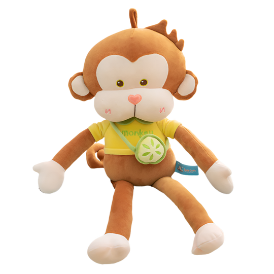 A brown Monkey Pals plushie sitting on a bed, perfect for snuggles and playtime, Monkey Pals, Pink, Brown, Monkey plushie, Cute backpack, Plushies, Soft Toys, Stuffed Toys, Adorable, Cuddly, Huggable, Kids Toys, Gifts, Teddy Bear.