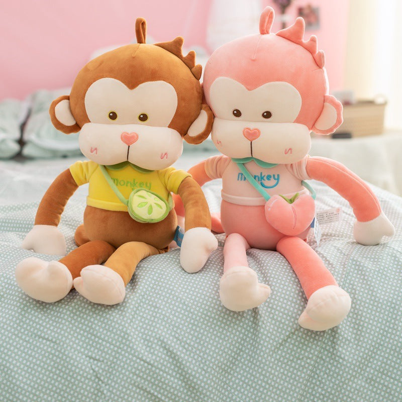 Pair of pink and brown Monkey Pals plushies sitting on a bed, perfect for snuggles and playtime, Monkey Pals, Pink, Brown, Monkey plushie, Cute backpack, Plushies, Soft Toys, Stuffed Toys, Adorable, Cuddly, Huggable, Kids Toys, Gifts.