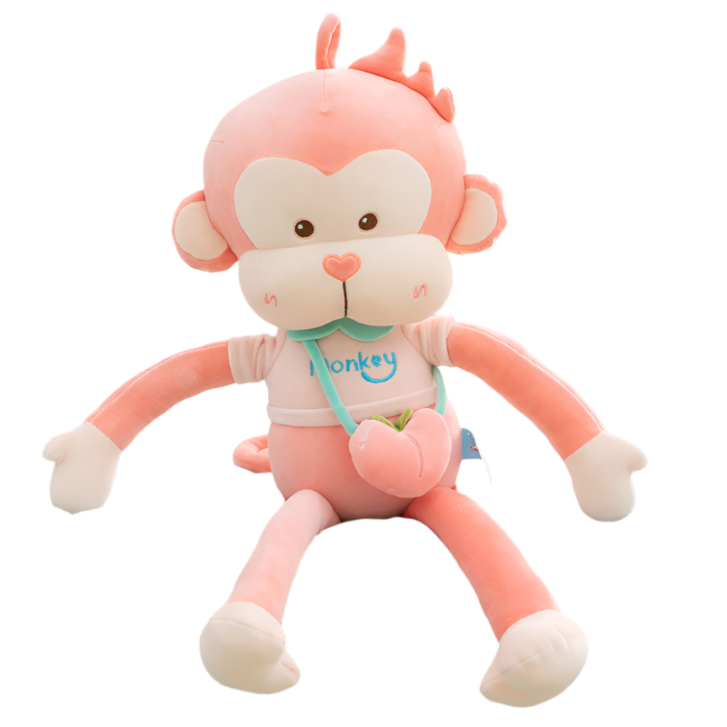 A pink Monkey Pal plushie sitting on a bed, perfect for snuggles and playtime, Monkey Pals, Pink, Brown, Monkey plushie, Cute backpack, Plushies, Soft Toys, Stuffed Toys, Adorable, Cuddly, Huggable, Kids Toys, Gifts, Teddy Bear.