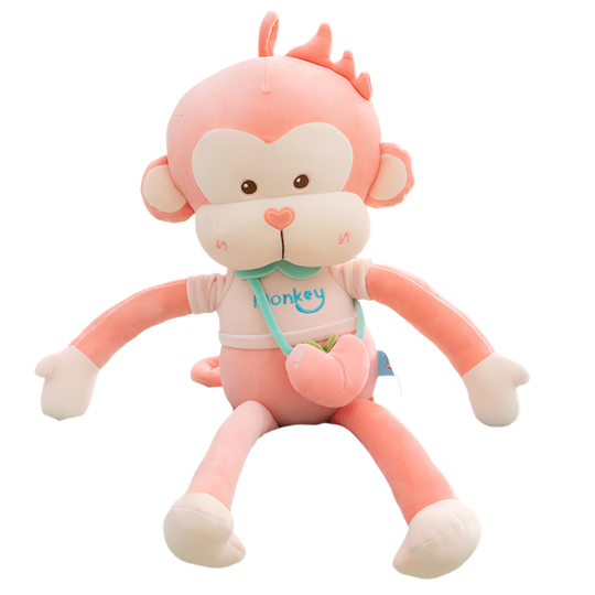 A pink Monkey Pal plushie sitting on a bed, perfect for snuggles and playtime, Monkey Pals, Pink, Brown, Monkey plushie, Cute backpack, Plushies, Soft Toys, Stuffed Toys, Adorable, Cuddly, Huggable, Kids Toys, Gifts, Teddy Bear.