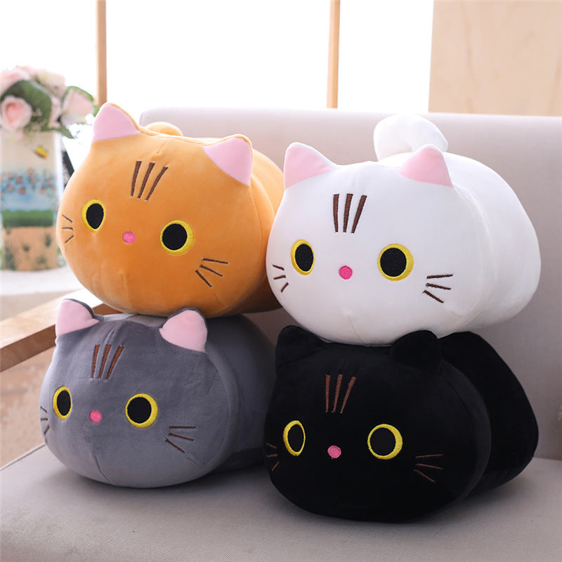 Family of Purr Pals plushies in orange, white, grey, and black colors on a couch, showcasing cute faces and rounded shapes, Purr Pals, Cat plushie, Orange, White, Grey, Black, Small, Medium, Large, Jumbo, Mega sizes, Plushies, Cute Plush, Soft Toys, Stuffed Toys, Adorable, Cuddly, Huggable, Kids Toys, Children's Gifts, Gift Ideas, Gifts.