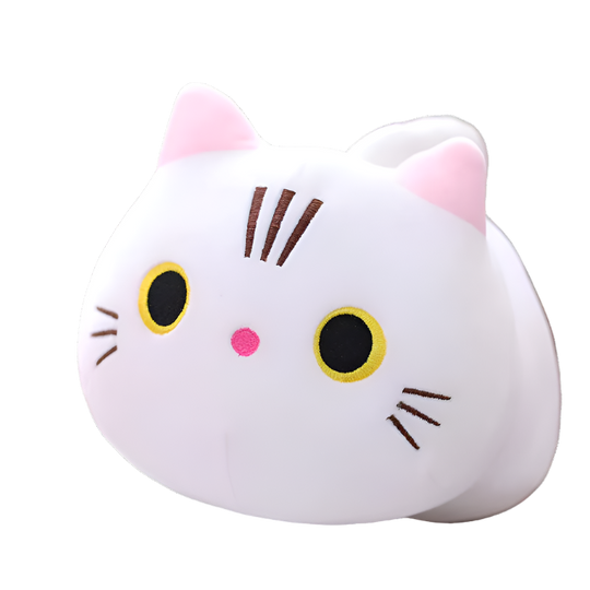 White Purr Pal plushie with a cute expression in front view, Purr Pals, White, Cat plushie, Small, Medium, Large, Jumbo, Mega sizes, Plushies, Cute Plush, Soft Toys, Stuffed Toys, Adorable, Cuddly, Huggable, Kids Toys, Gifts, Teddy Bear.