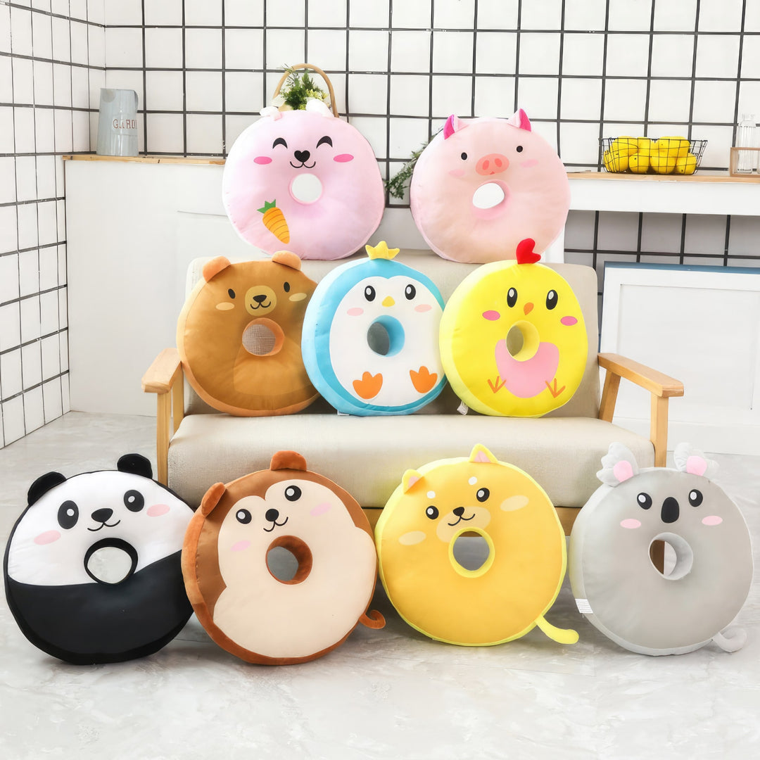 Snuggle Donuts plushies featuring the panda, penguin, bear, monkey, koala, piggy, rabbit, chick, and shiba inu designs. These adorable plushies are shaped like delicious donuts. Snuggle Donuts, Plushies, Group Photo, Panda, Penguin, Bear, Monkey, Koala, Piggy, Rabbit, Chick, Shiba Inu, Donut, Soft, Cuddly, Toy, Toys, Squishy, Soft Toys, Stuffed Toys, Plush Toy, Plush Toys, Premium, Quality, Adorable, Cuddly, Playful, Collectibles, Huggable, Kids Toys, Children's Gifts, Gift Ideas, Gifts, Teddy Bear